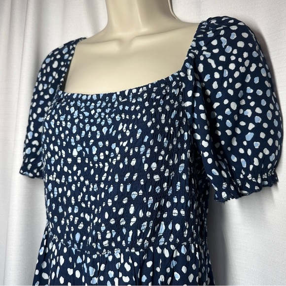 New ROXY Hello Petal Blue Indigo Smocked Mini Dress Sz M Ditsy Dot Peasant NWOT - Picture 2 of 8
